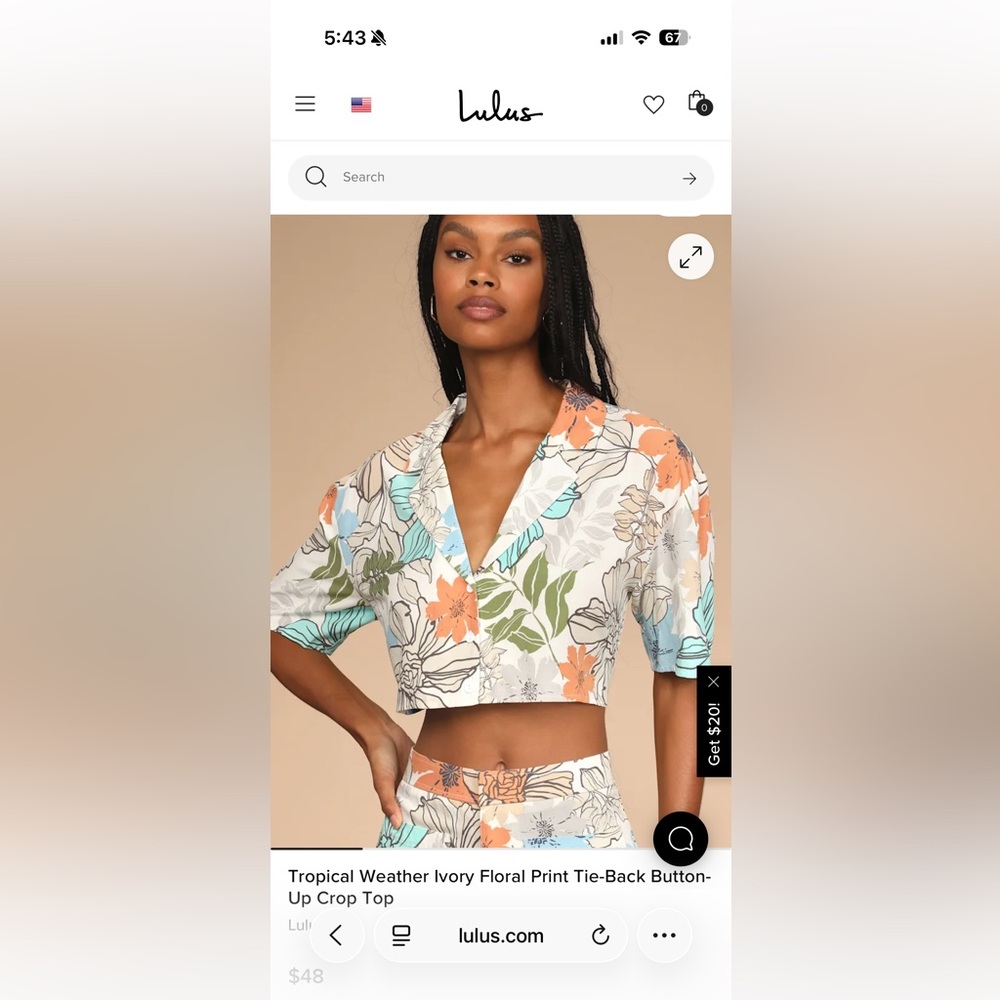 Lulu's Tropical Weather Ivory Floral Tie-back Button Up Crop Top Size M